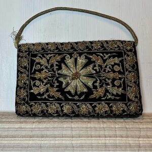 Vintage 1950s Black Velvet Gold Beaded Embroidered Evening Purse Made in India
